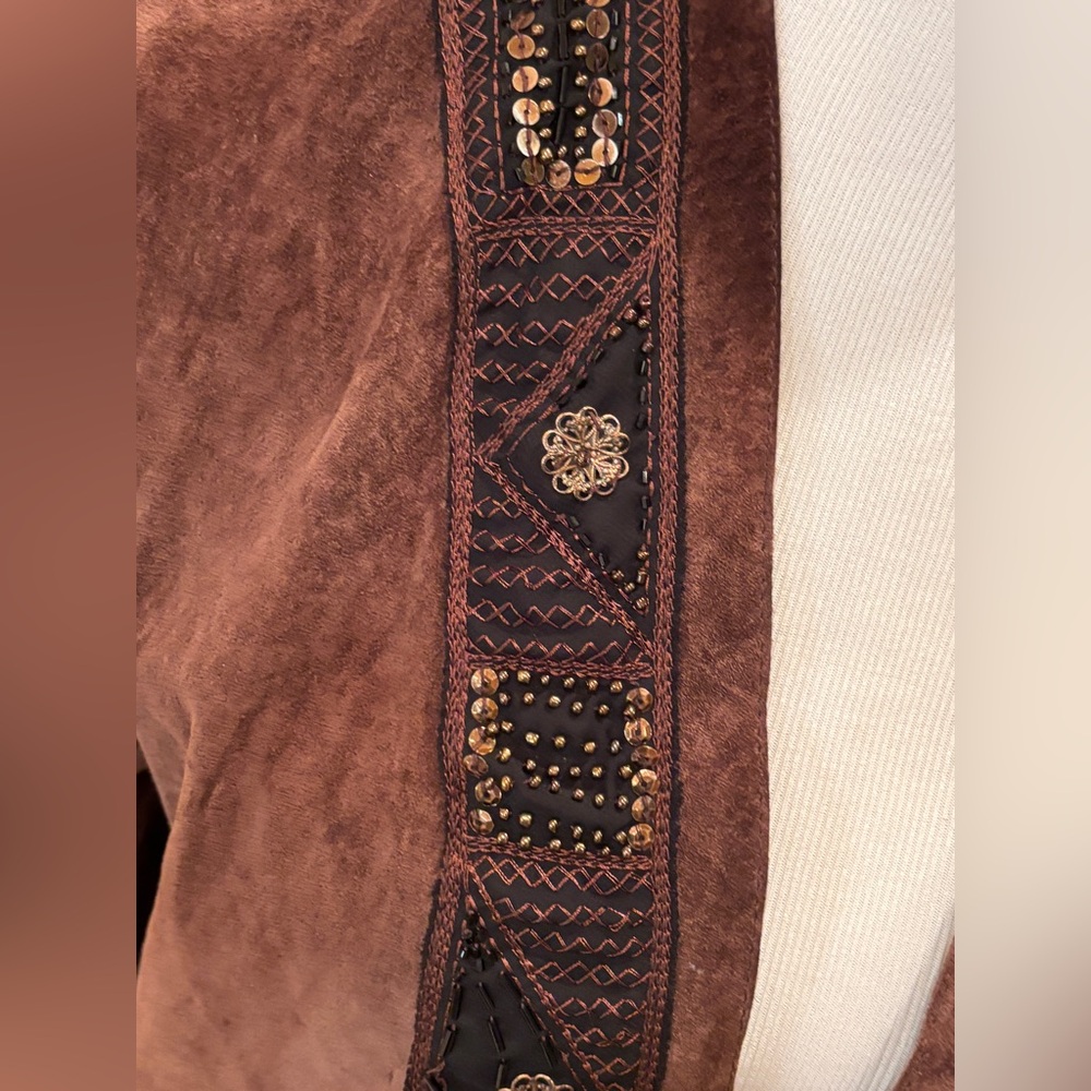 Chico's Brown Leather Suede Open Front Jacket with Beaded & Sequin Embellishment - Picture 2 of 5